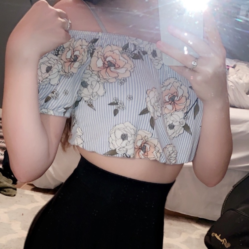 Blue flowered off the shoulder crop top